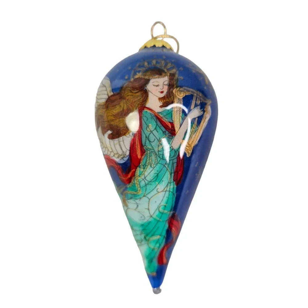 Pier 1 Li Bien Angel Ornament Inside Painted Tear Drop Shape Christmas Glass Box